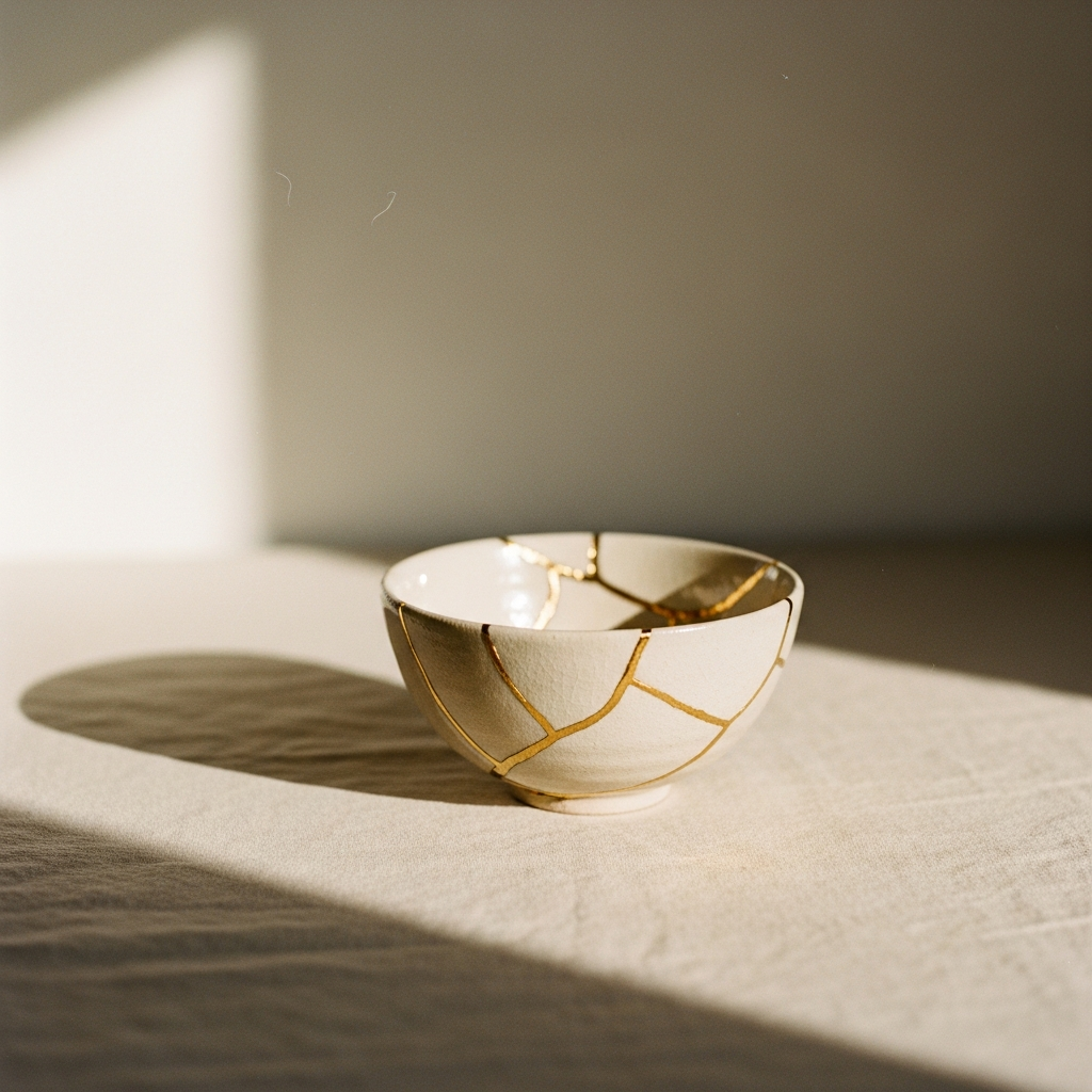 A kintsugi bowl mended with veins of gold